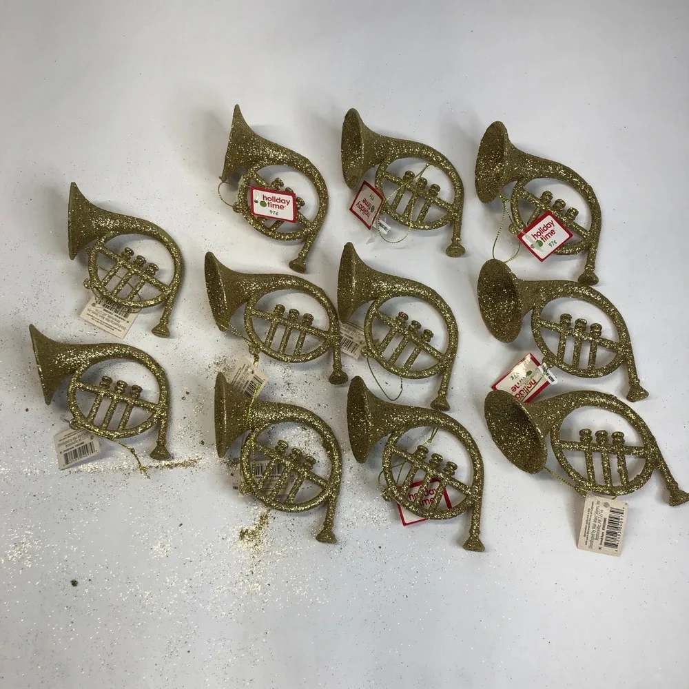 Holiday Time French Horn Christmas Ornament Gold Glitter Set of 10 New‎